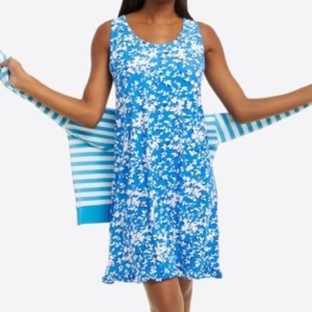Draper James Ruffle Nightie Dress Pajamas Blue Shadow Floral S/M